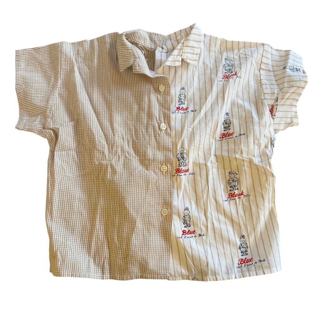 Klimbaby's Kids Tan Gingham Striped Split Graphic Button Down Shirt Size 2A/86